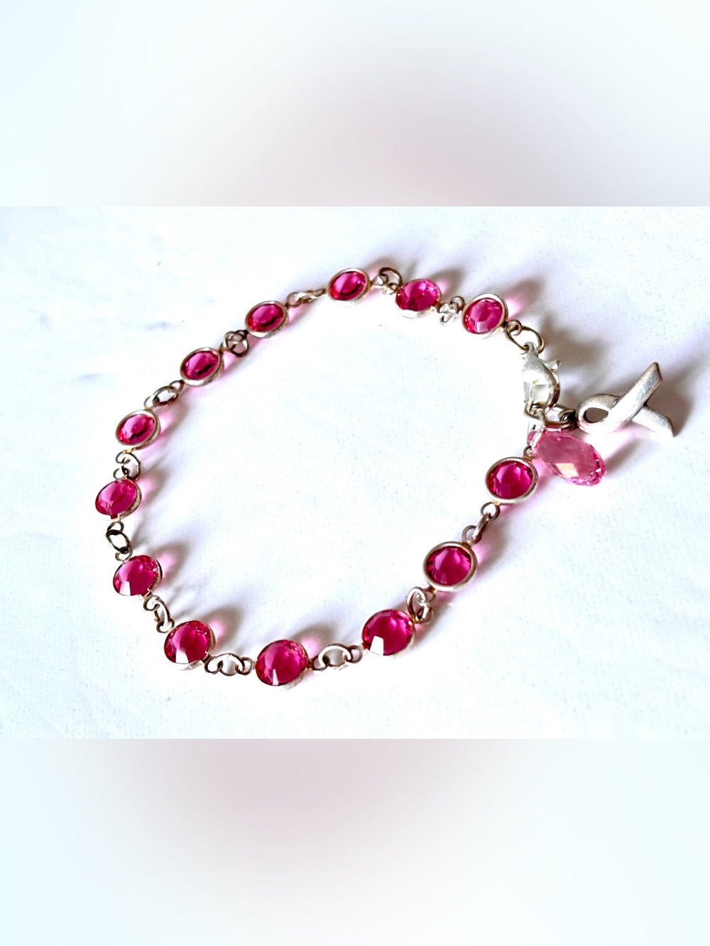 🦋2/25$ SIGNED STC 925 pink Crystal Breast Cancer Bracelet